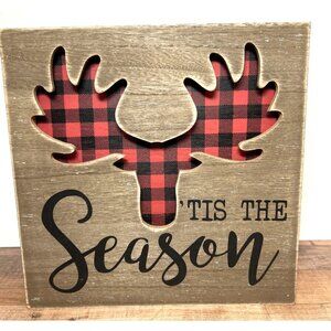 Rustic Buffalo Plaid Moose "Tis The Season" Wooden Wall Decor